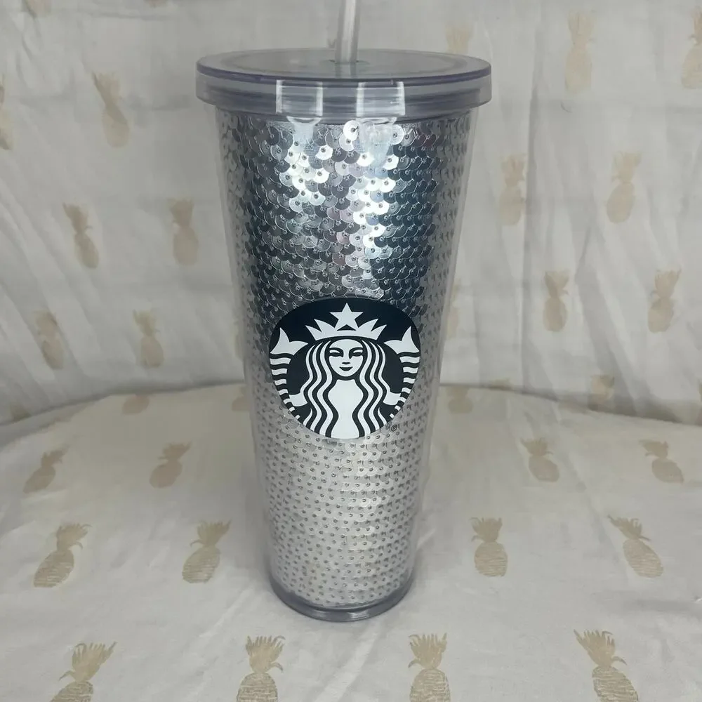Starbucks Holiday 2017 Limited Edition Silver Sequin 24 oz cold cup NEW STRAW